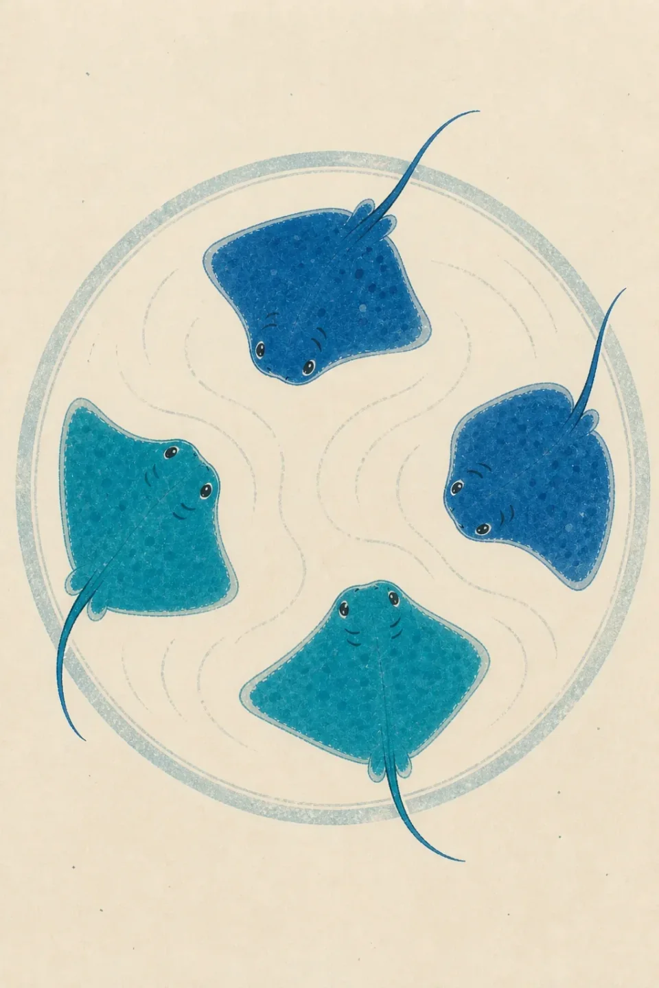 Stingrays swimming inside a circular ocean current, darker water held outside the ring.